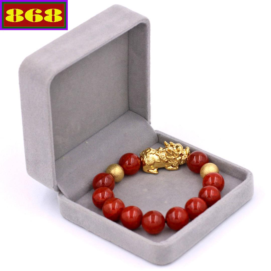Vòng tay đá vân rồng đỏ 14 ly tỳ hưu inox vàng VVROTHHBV14 hộp nhung - Vòng tay tỳ hưu may mắn, tài lộc
