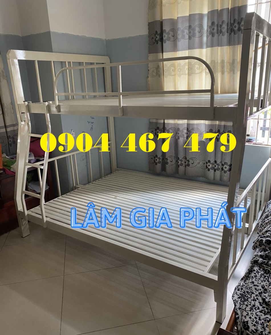 Giường sắt 2 tầng hộp mẫu 1m4x1m6 sắt hộp 4x8 mới giá rẻ