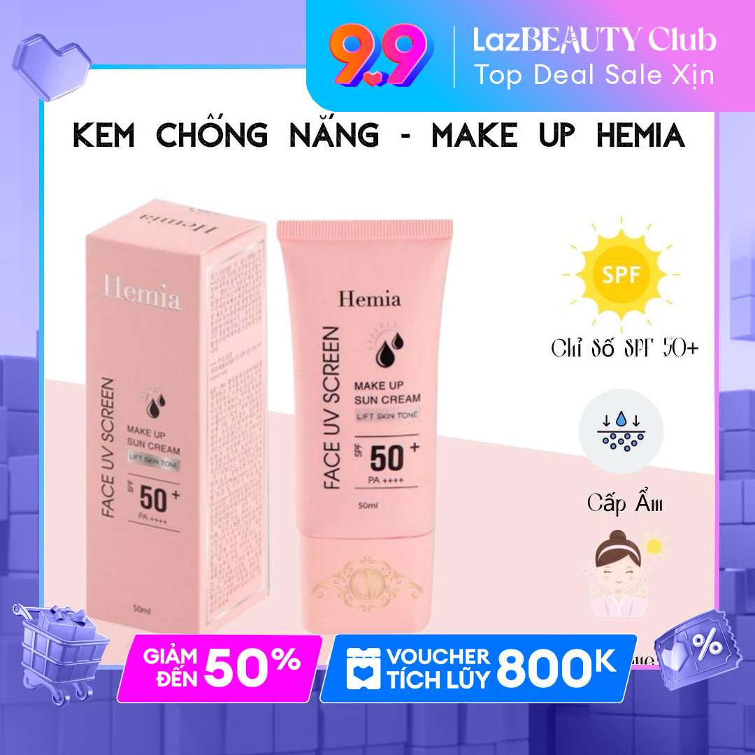 Kem chống nắng Hemia Hàn Quốc chính hãng bảo vệ da lên đến 8H dưỡng ẩm nâng tone da thay thế kem trang điểm 50ml