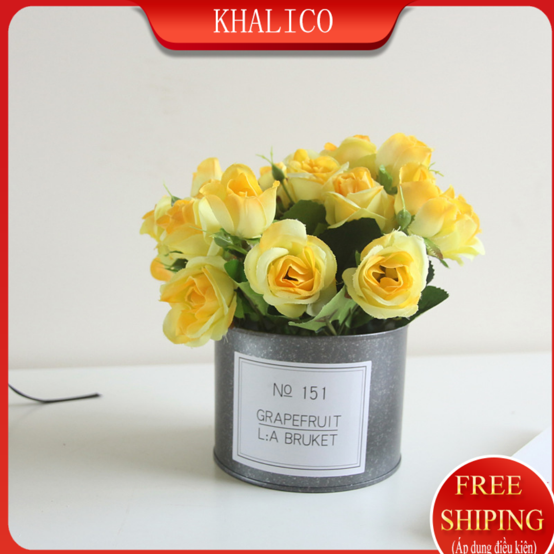 [FREESHIP] Hoa giả trang trí để bàn KHALIK, hoa hồng chậu sắt No151 - HF006  (nhiều màu lựa chọn)