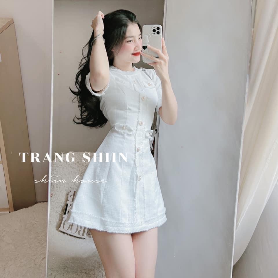 Đầm nữ tone màu trắng đính nút ngọc ngắn tay cổ tròn dáng chữ A, Váy nữ lennin nút ngọc cổ tròn giả túi