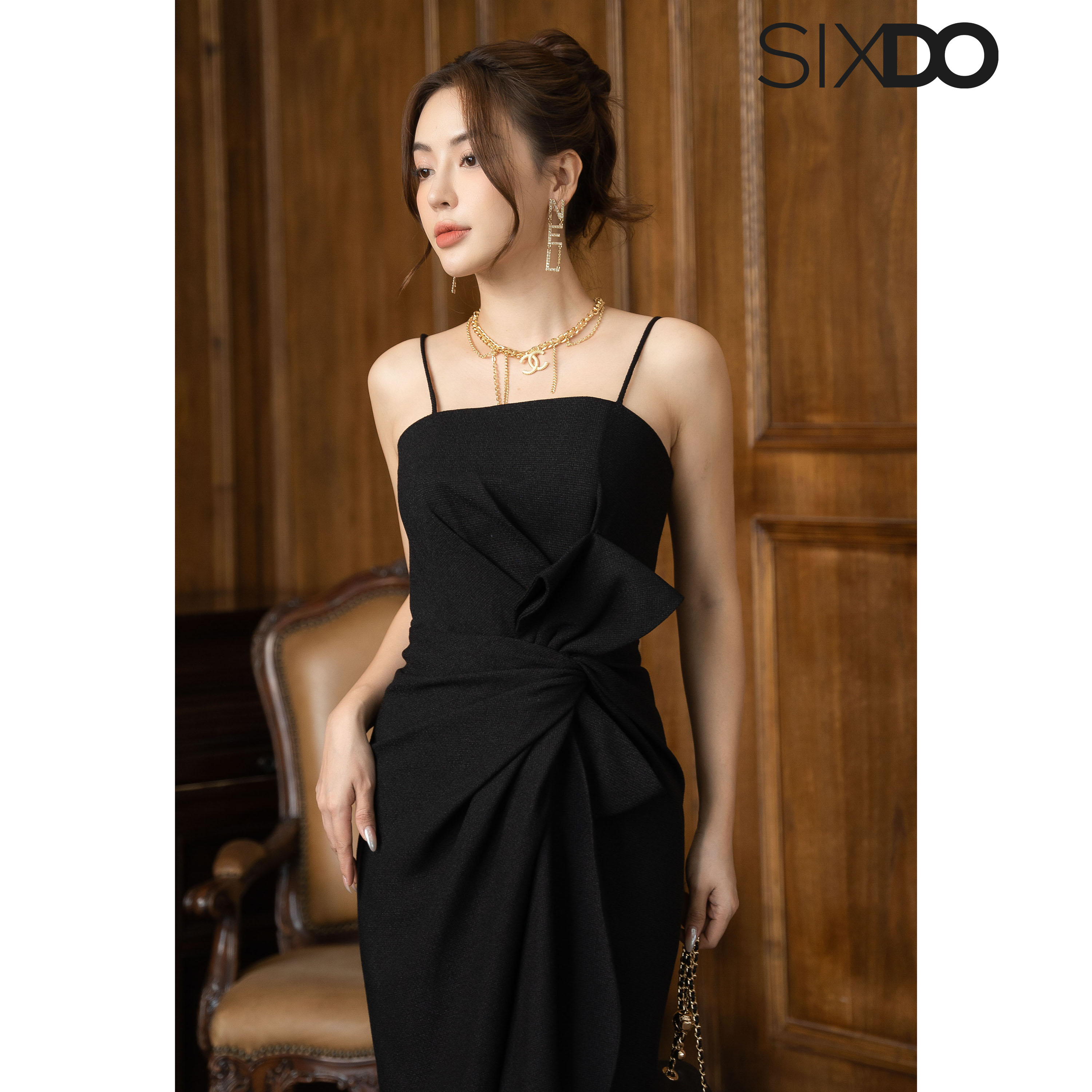 Đầm tweed hai dây phối nơ eo SIXDO (Black Strappy Midi Tweed Dress)
