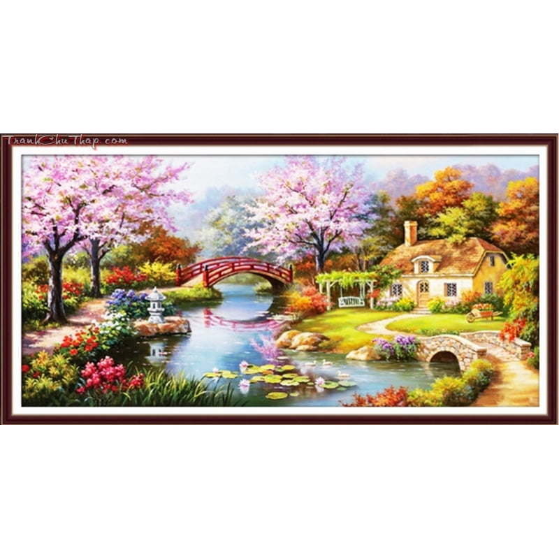 Tranh thêu chỉ lụa tổ ấm kt 153x83 cm thêu kín- chưa thêu