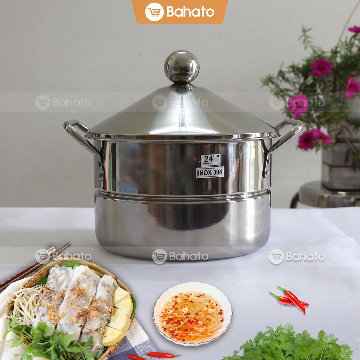 Nồi tráng bánh cuốn gia đình 24cm inox 304, nấu xôi, hấp gà