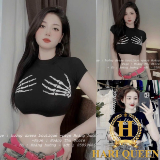 Áo croptop hai bàn tay xương body ngắn tay hariqueen