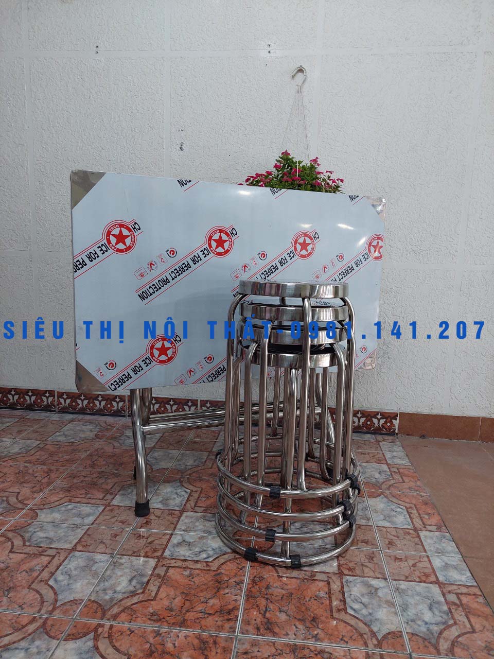 Bộ bàn chữ nhật inox 304 quán ăn 6 ghế