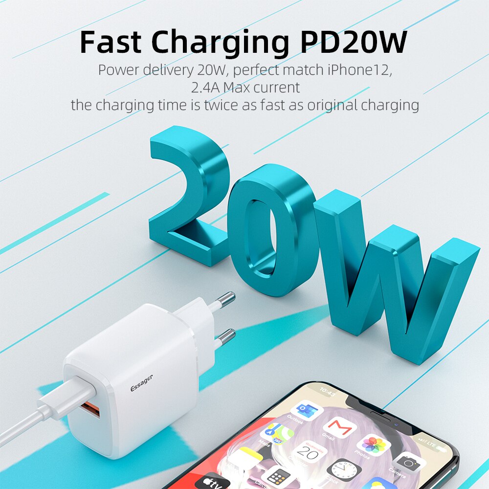 Củ sạc nhanh Essager 2 cổng USB 20W PD3.0 QC3.0 Cho iPhone 12 Pro Mã
