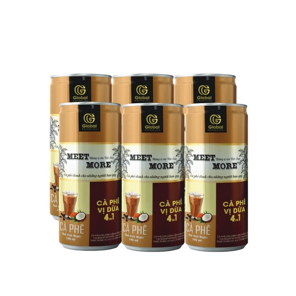 Lốc 6 lon cà phê hòa tan vị dừa Meet More 190g