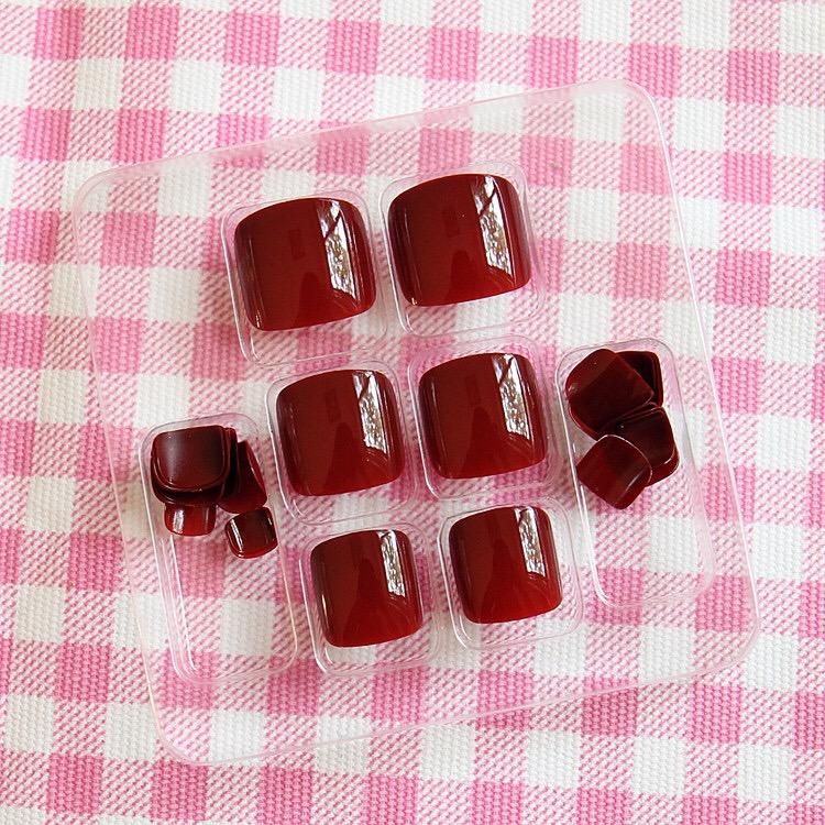 Bộ 24 Móng Chân Giả đỏ cherry (kèm keo)