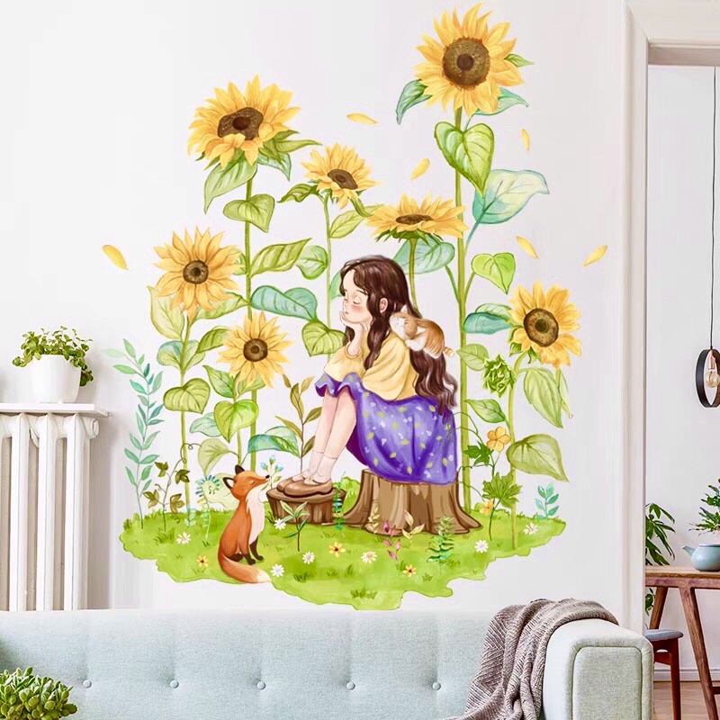 Decal dán tường hoa hướng dương và cô gái.