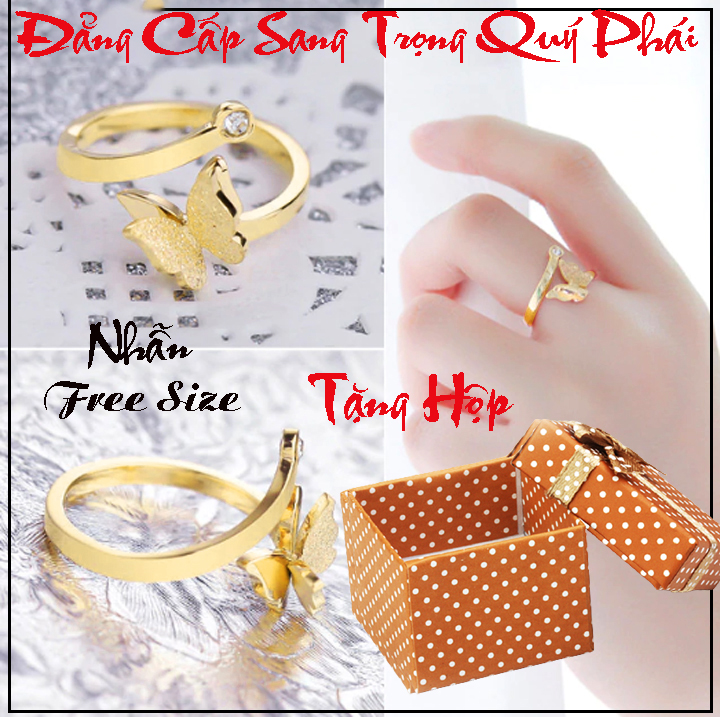NHẪN TITAN CAO CẤP HÌNH CON BƯỚM PHUN CÁT FREE SIZE MÀU VÀNG CỰC CUTE (tặng hộp đựng nhẫn cực xinh)