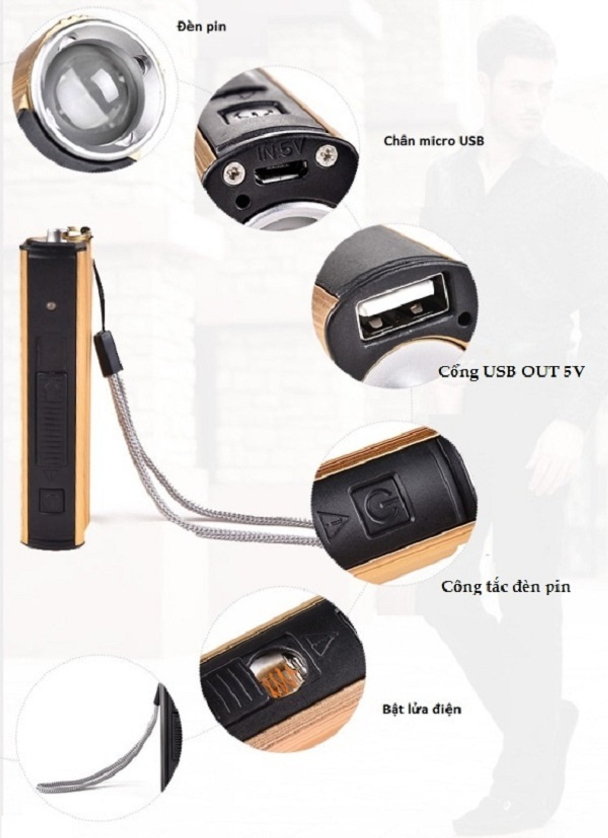 Đèn pin siêu sáng kiêm bật lưa sạc dự phòng