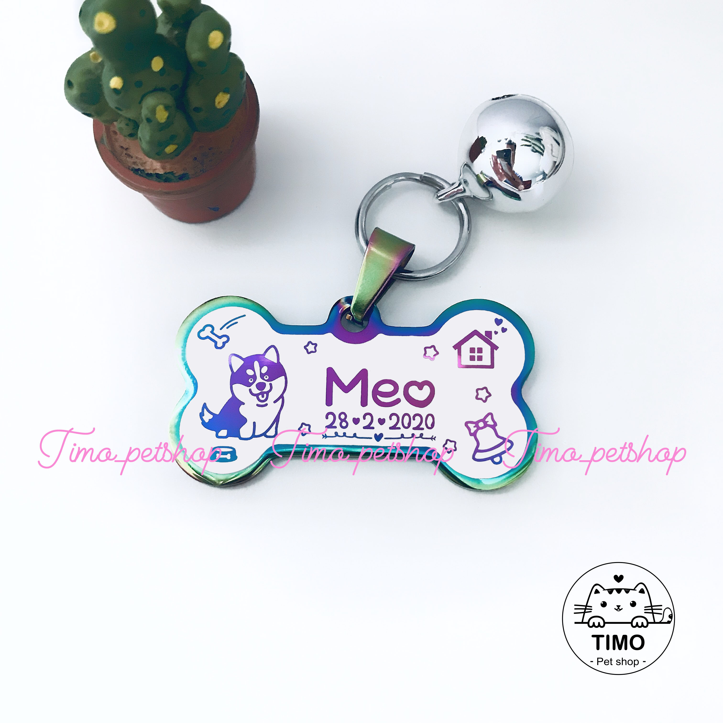 Thẻ tên Thú cưng - Inox chữ vàng (Tặng kèm chuông)