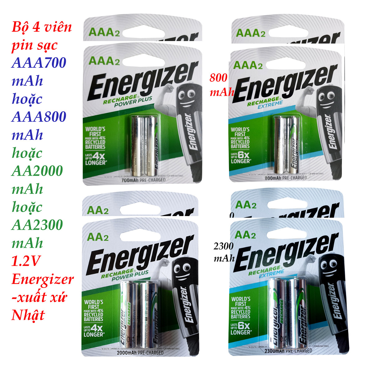 Bộ 4 viên pin sạc AA 2a hoặc AAA 3a - 1.2V Energizer 2000mAh 2300mAh