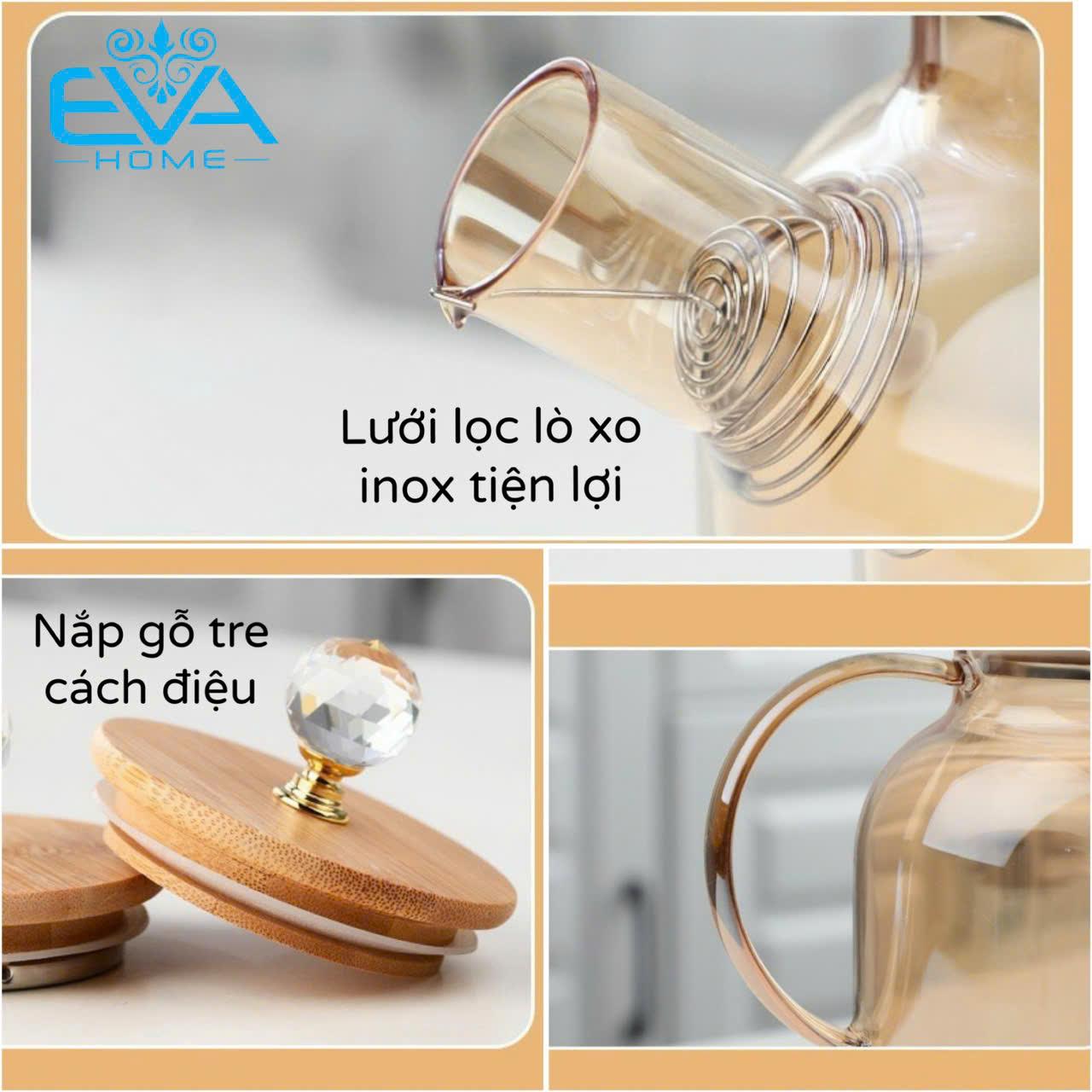 Bình Pha Trà Thuỷ Tinh Ánh Vàng Chịu Nhiệt Lưới Lọc Lò Xo Kèm Nắp Gỗ Cách Điệu Sang Trong 1000ML