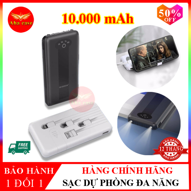 Pin Sạc Dự Phòng Hàng Chính Hãng SD Design G01 sạc nhanh 2.1A Tích Hợp 4 Cáp Sạc Micro, Lingtning, TypeC, Usb Cho Xiaomi Samsung IPhone, Oppo Dung Lượng pin 10.000mAh, Bảo hành 12 tháng