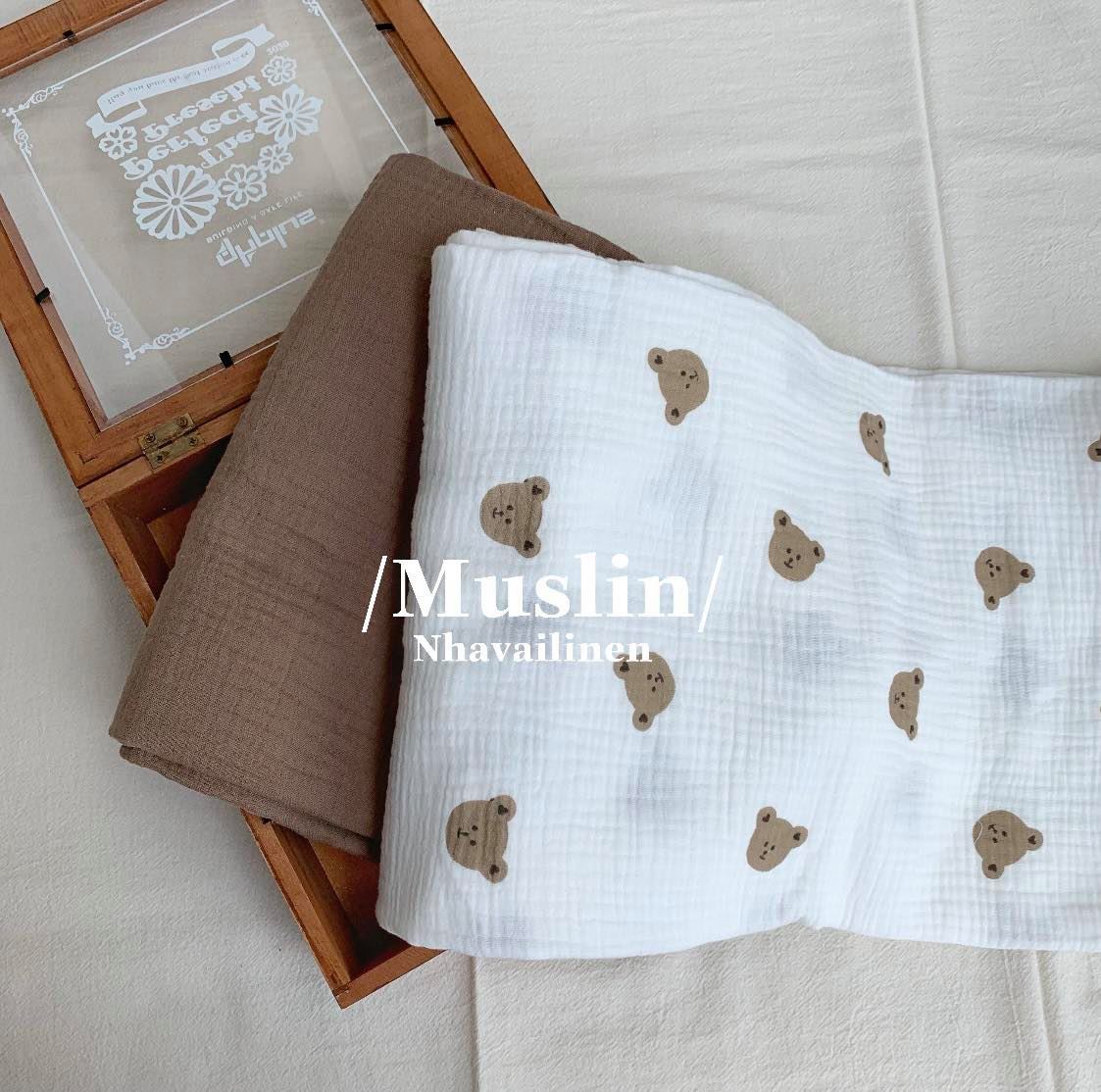 [HCM]Xô muslin gấu bear nền be phù hợp cho quần áo trẻ em, đồ mặc nhà, khăn chăn gối.