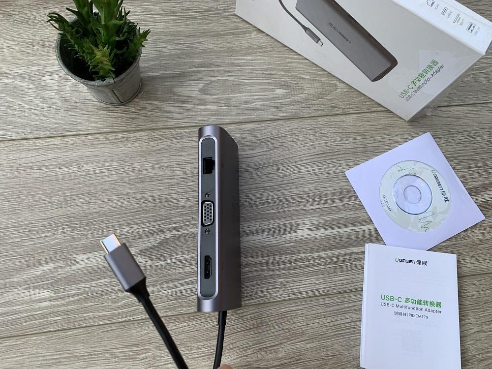 Cáp USB-C to HDMI+VGA+USB 3.0+LAN 1Gbps+Card Reader Ugreen 40873
