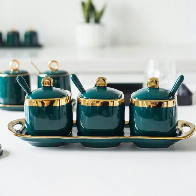 Hũ gia vị sứ, bộ đựng gia vị sứ xanh cổ vịt kèm khay thìa cao cấp hàng nhập khẩu 4 ngăn