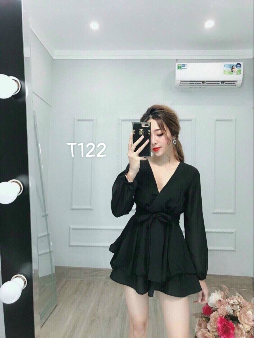 [HCM]Đầm xoè bèo cột nơ eo tay dài cổ v chất liệu umi lụa T122
