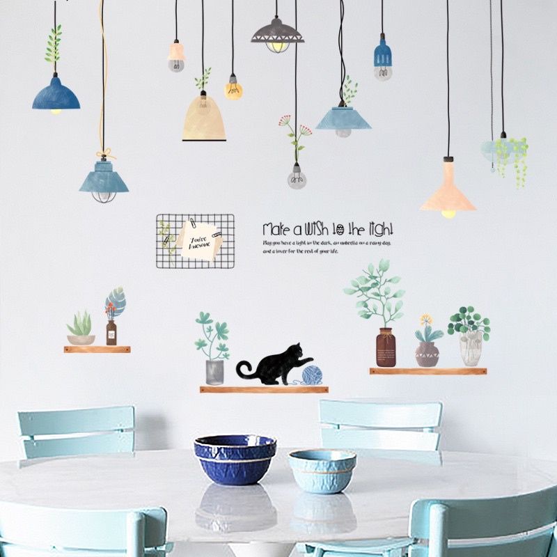 Decal dán tường đèn thả và chú mèo