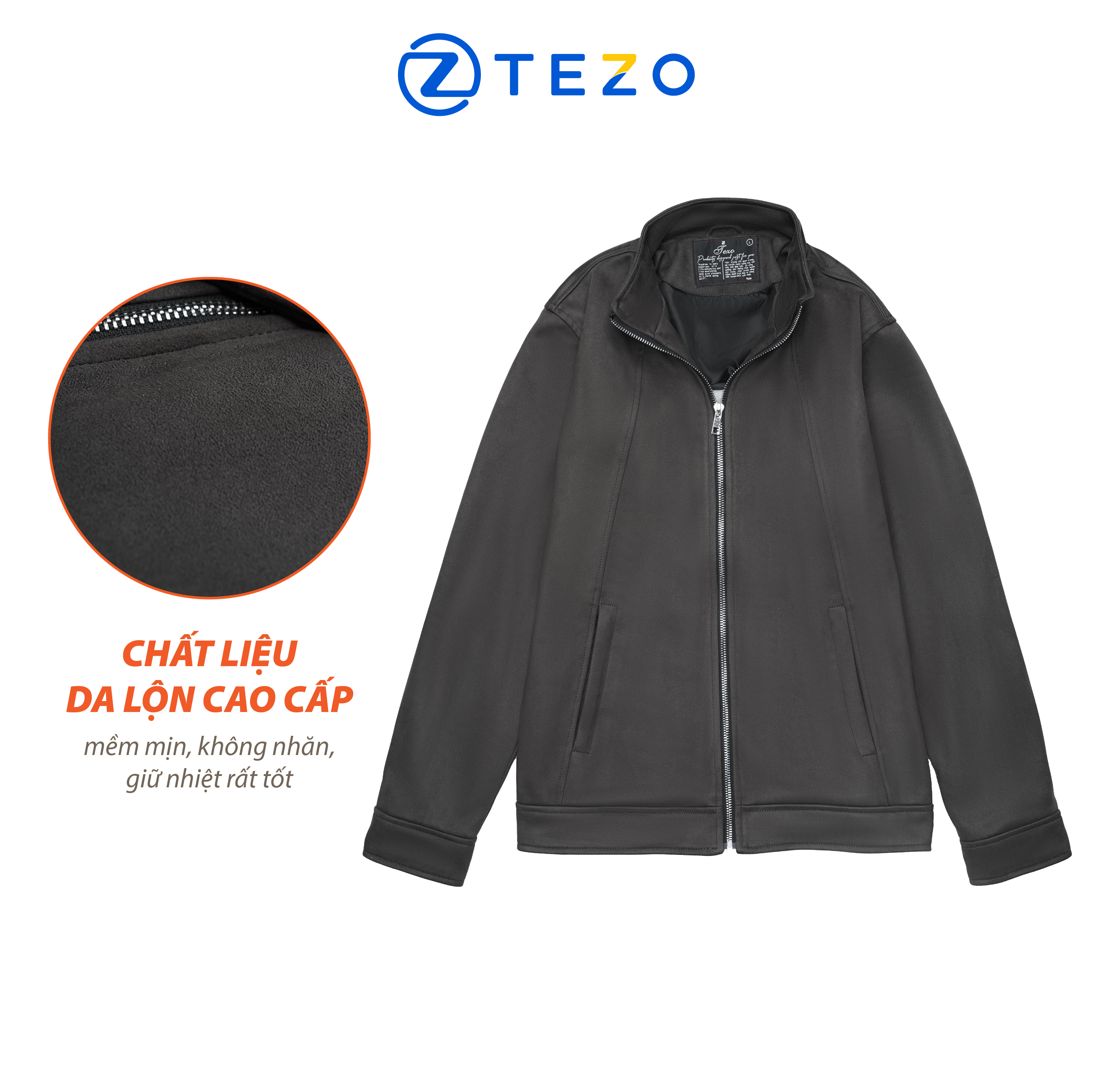 Áo khoác nam áo da lộn cao cấp cổ 5 phân lót lụa Tezo 22AD5T001