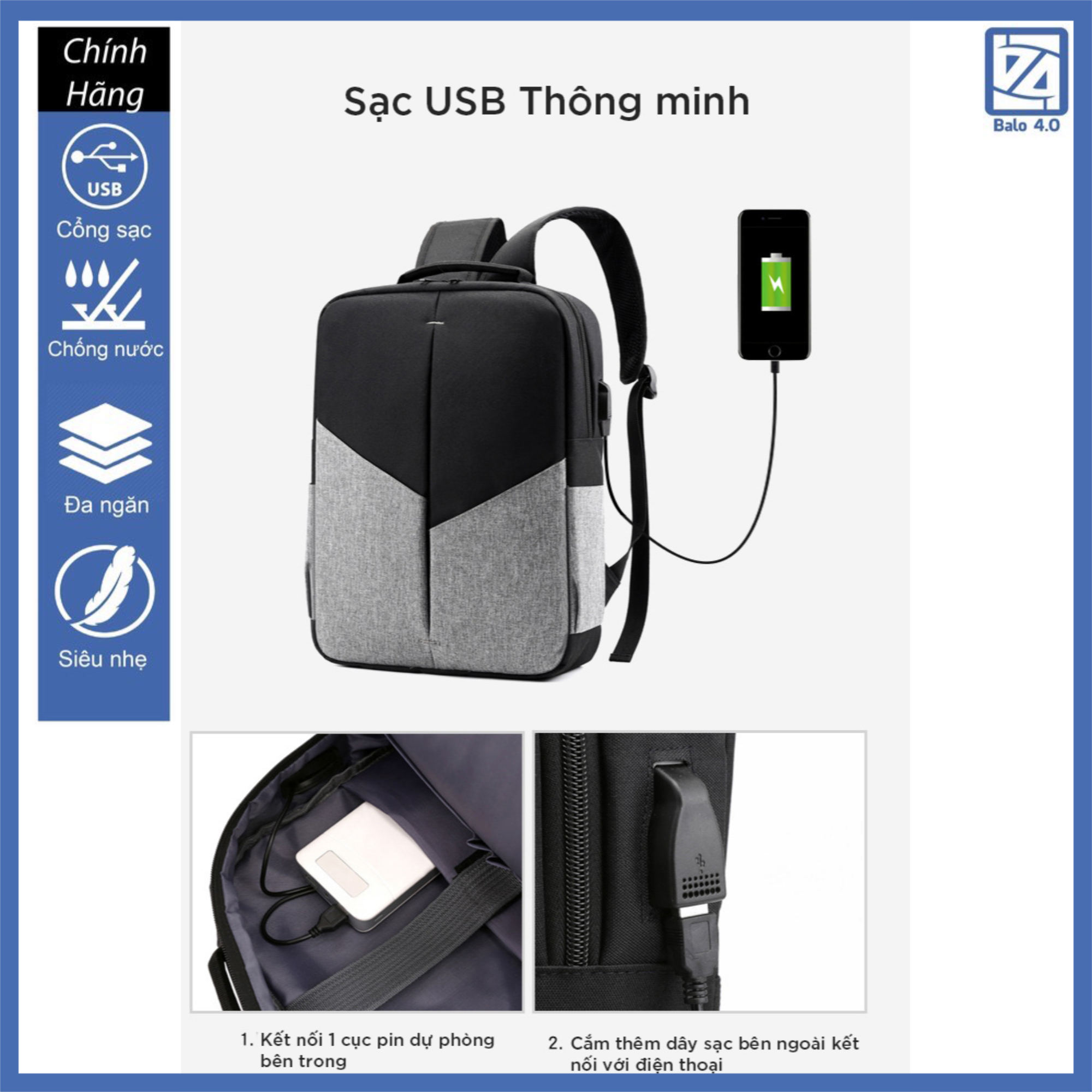 Balo nam nữ đi học siêu nhẹ có cổng USB