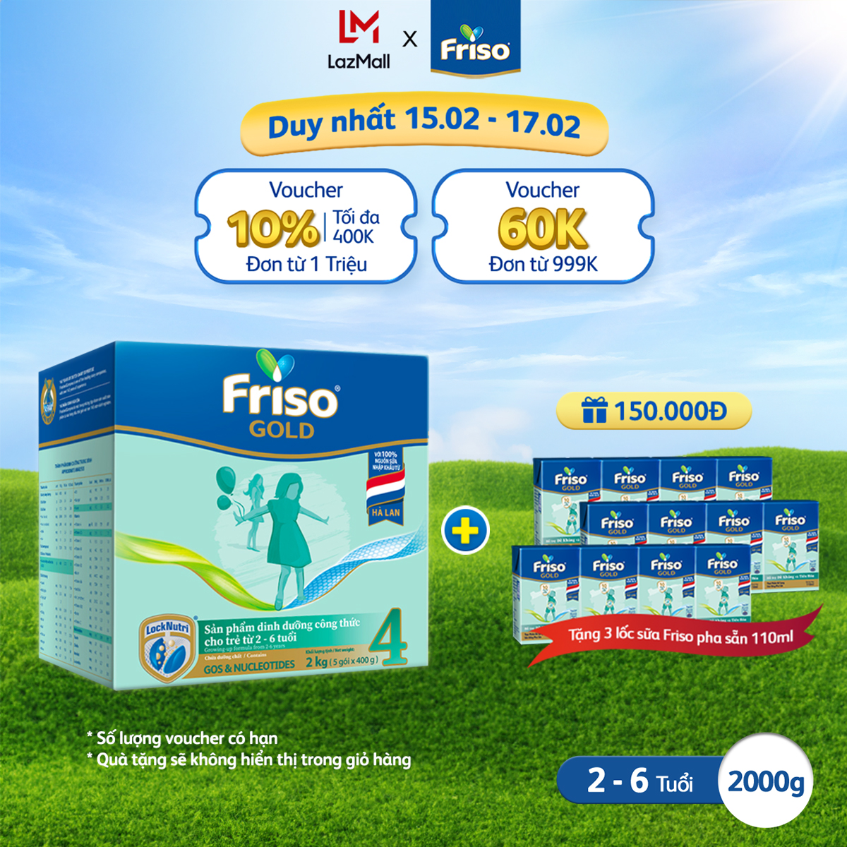 [Tặng 3 lốc RTD 110ml] Sữa bột Friso Gold 4 Hộp Giấy 2KG