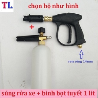 Bình Phun Bọt Tuyết+Súng Xịt Rửa Xe Cho Máy Rửa Xe (súng ren 14mm + bình bọt tuyết 1 lít )