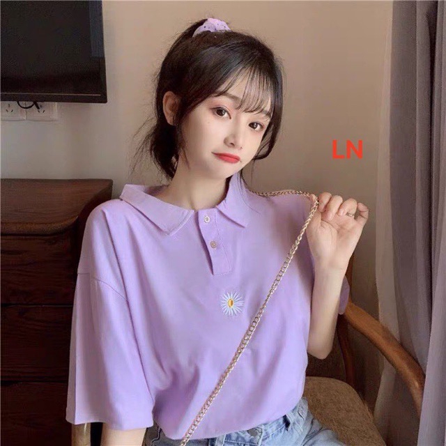 Áo Thun Nữ, Áo Polo Nữ Form Rộng Phối Hoa Cúc