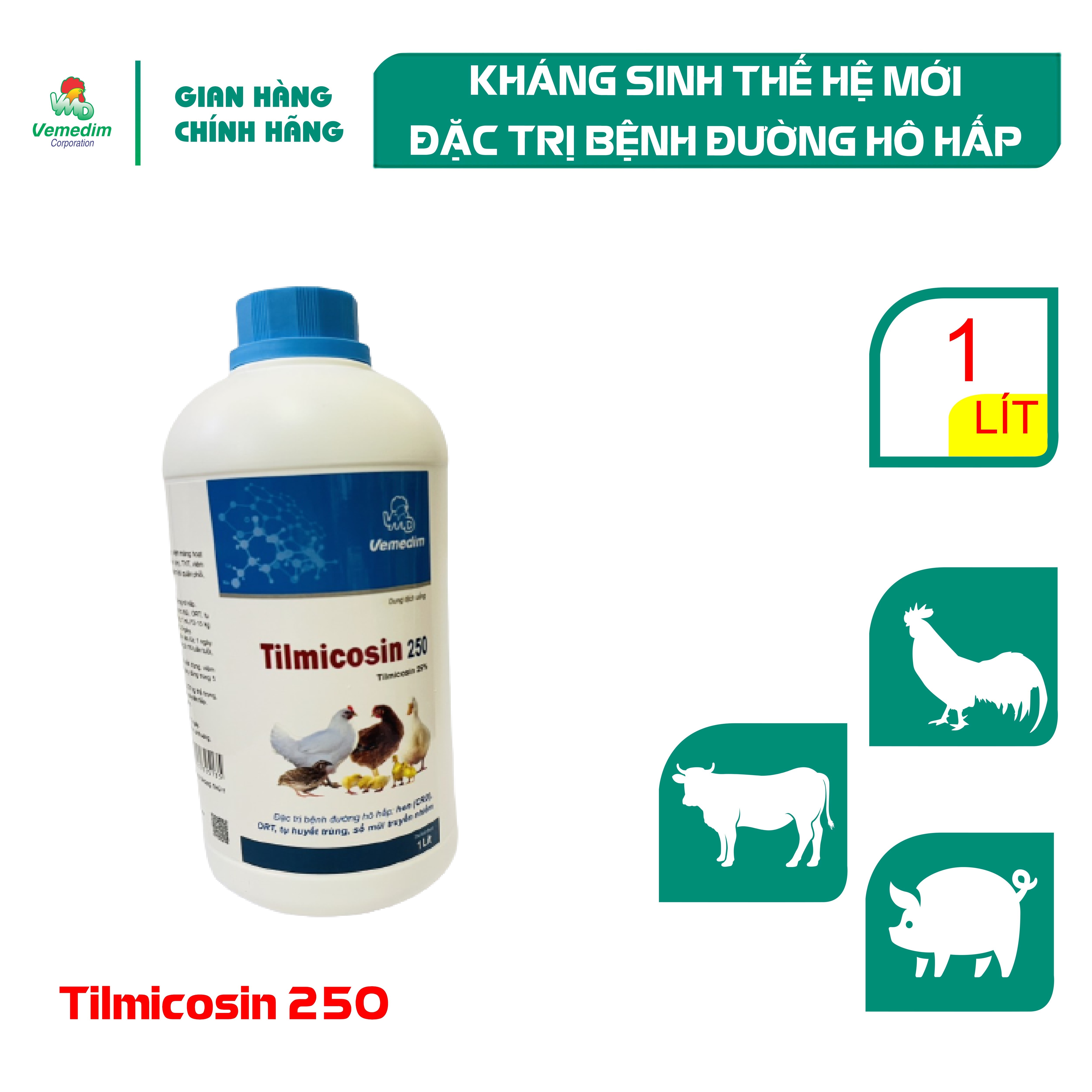 "Hoàn tiền đến 10%" Vemedim Tilmicosin 250 Kháng sinh phòng hô hấp cho heo, bê, nghé, gà, chai 1lit