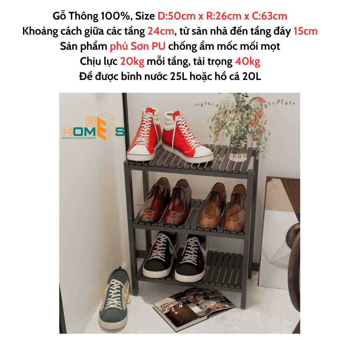 Kệ giày gỗ Behomes 3 tầng 80 cm