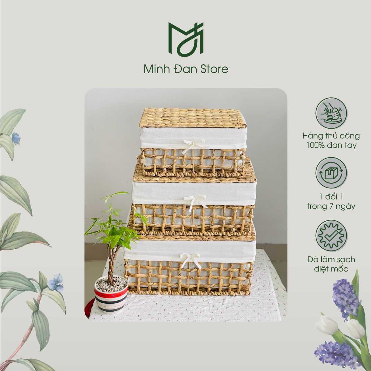 Giỏ lục bình đan se size S,M,Lcó nắp đựng đồ đa năng, đựng quần áo, đồ chơi, sắp xếp decor nhà cửa phong cách vintage