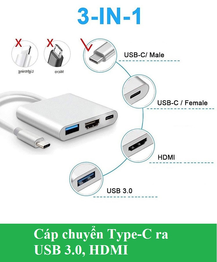 Cáp chuyển đổi type-c sang usb 3.0 hdmi adapter cao cấp