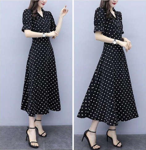 [Sale TẾT 3 Ngày] Đầm nữ maxi họa tiết đen chấm bi, tay lỡ