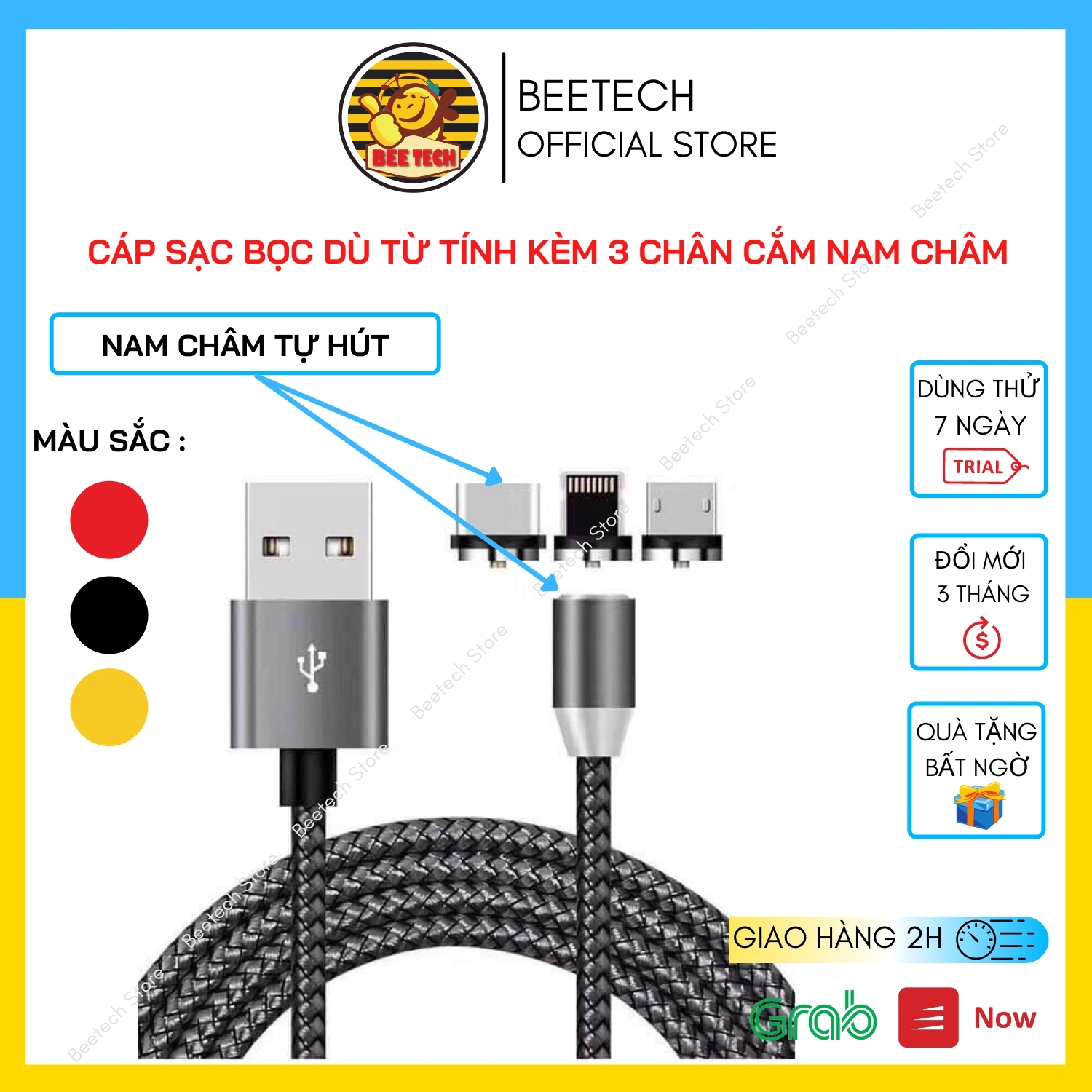 Cáp sạc nam châm 3 đầu (iPhone/MicroUSB/TypeC) xoay 360, Dây bọc dù - Beetech