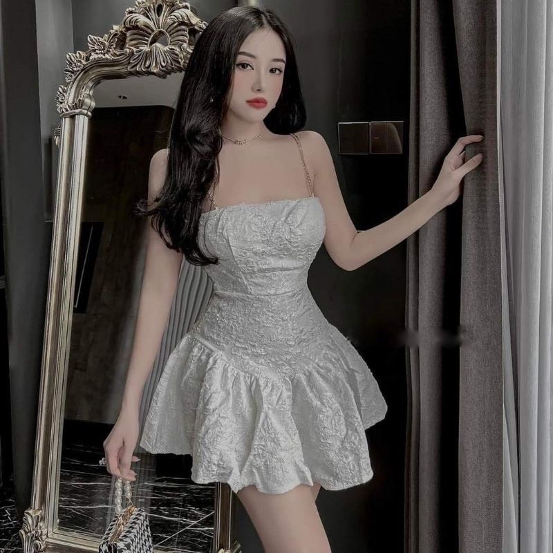 Đầm gấm 2 dây xích nhún đuôi cá