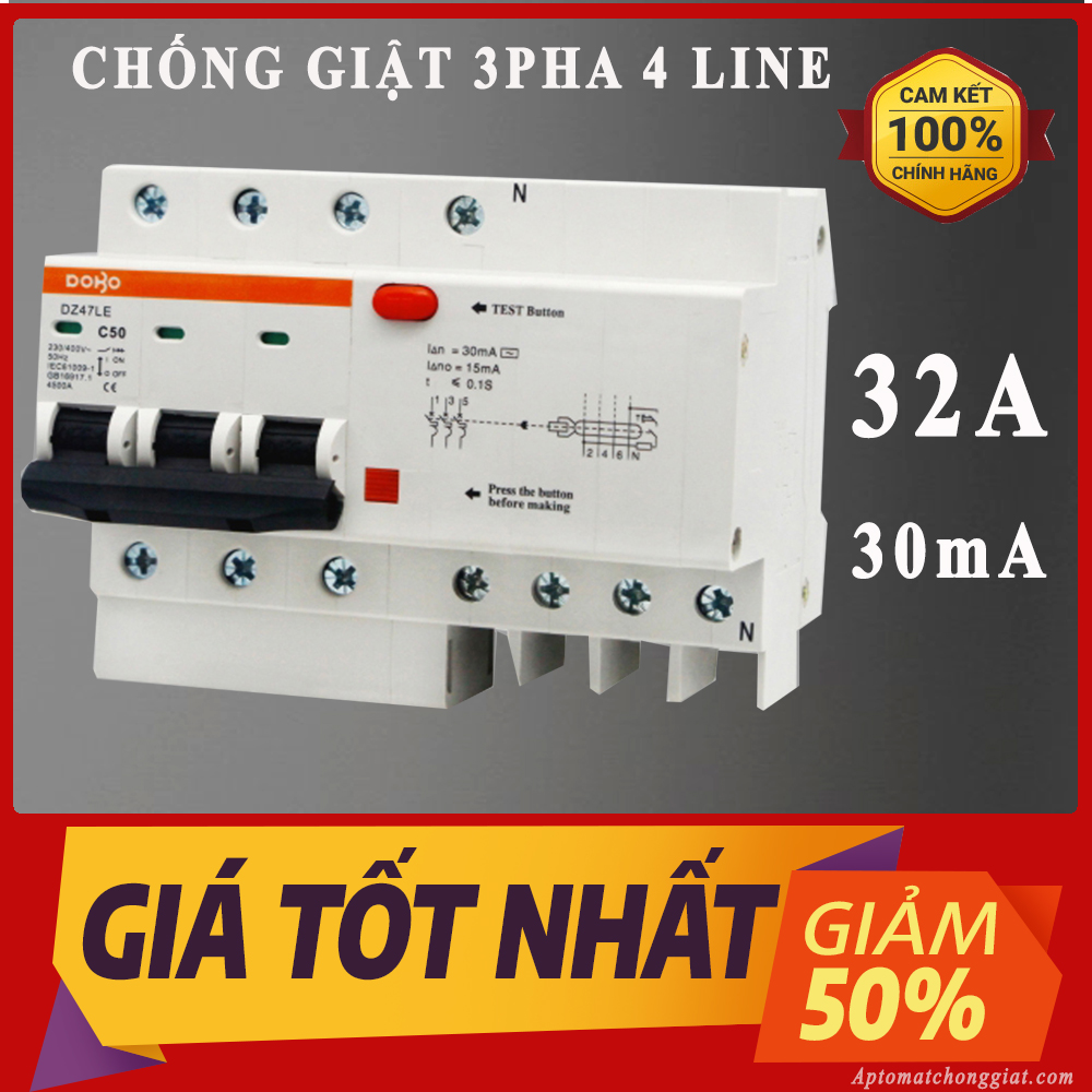 [HÀNG CHÍNH HÃNG] Cầu Dao Chống Giật 3 Pha  380V 32A RCCB DOBO KOREA siêu nhạy - 4.5kA 30mA (Aptomat chống giật) - Bảo hành 12 tháng - Hàng Tốt