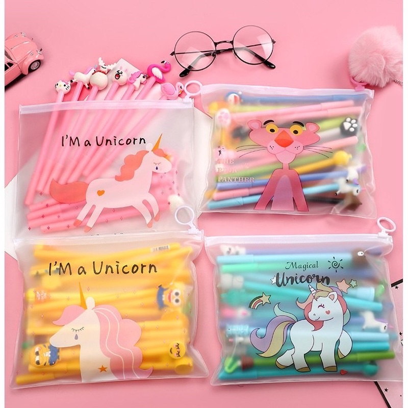 Set 20 bút bi nước hình thú đáng yêu tặng kèm túi zip đựng bút