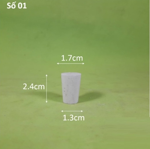 Nút cao su số 01: đường kính đáy lớn 1.7cm; đường kính đáy bé 1.3cm; chiều cao 2.4cm;