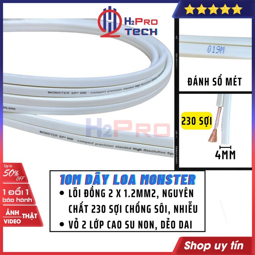 10M Dây Loa Audio, Dây Loa Trắng Monster XP Audio Cao Cấp, 2 Lõi Đồng Nguyên Chất 1.2mm2 230 Sợi-Chống Nhiễu-H2pro Tech