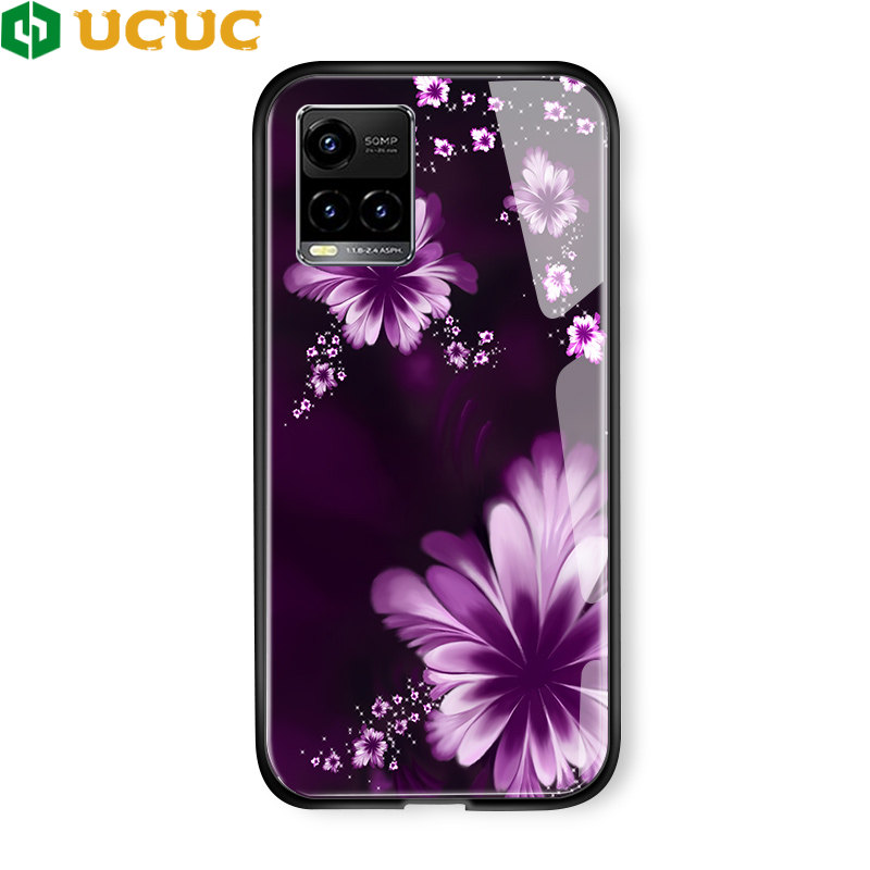 UCUC Casing Case For Vivo Y21 2021/Y33S VivoY21 Case For Boys Fashion Women Girls Lilac Flower Printed Hard Casing Case Shockproof Tempered Glass Cover