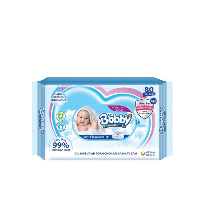 Combo 6 gói khăn giấy ướt Bobby Nano bạc kháng khuẩn (80 tờ x 6 gói)