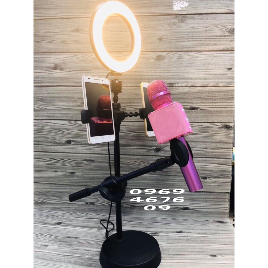 Đèn Live Stream 4 in 1 Để Bàn Có Chân Đỡ Micro LivesTream Hai Điện Thoại - Bộ Giá Đỡ