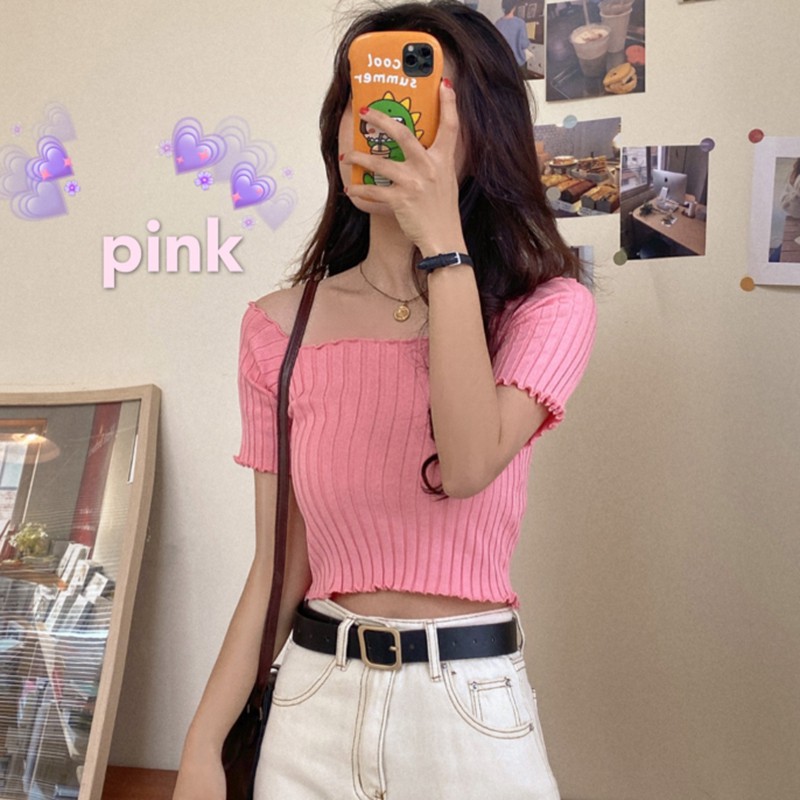 Áo Croptop Dệt Kim Tay Ngắn Thiết Kế Trễ Vai Nữ Tính