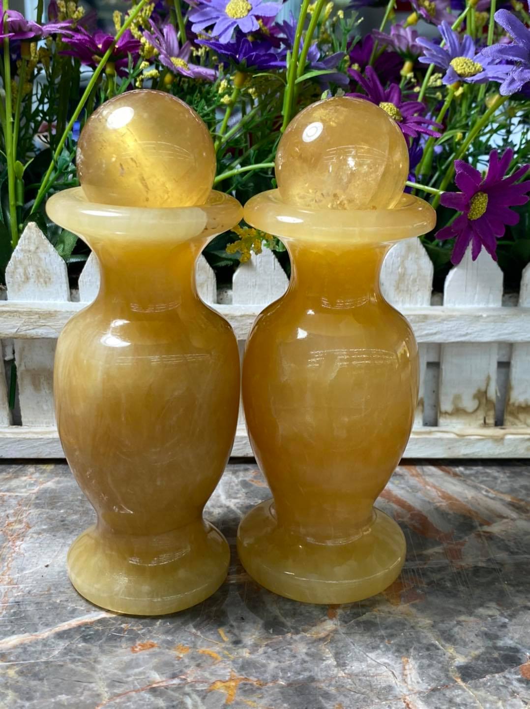 Bộ combo cặp Lục Bình Lọ Hoa kết hợp quả cầu phong thủy đá thạch anh vàng