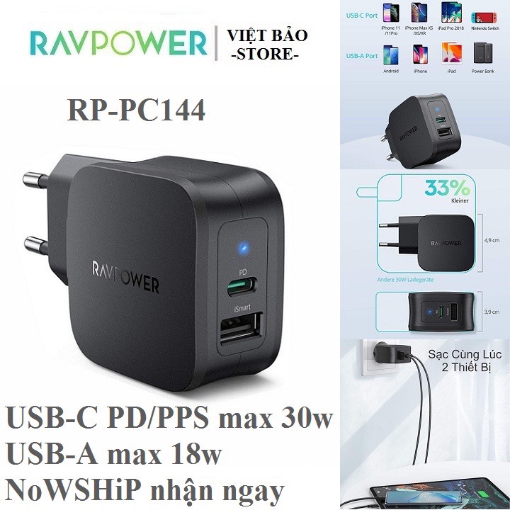 Củ sạc nhanh RAVPower RP-PC144 2 cổng 30w ( 1 type C; 1 type A) hỗ trợ PD/PPS
