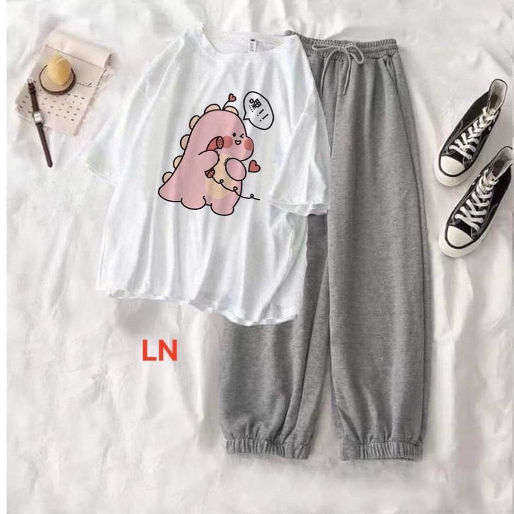Sét áo áo phông khủng long hồng + quần chun gấu HARI