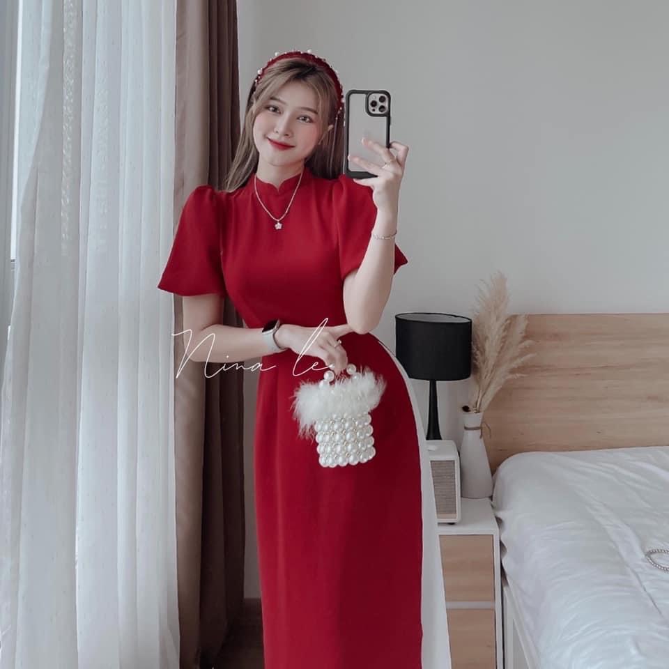 Áo dài đũi quần lụa nữ tone đỏ rực rỡ đi chơi xuân, Áo dài cách tân quần trắng suông màu đỏ phù hợp chơi tết, Áo dài thiết kế nữ cách tân tay bồng điệu đà MTB
