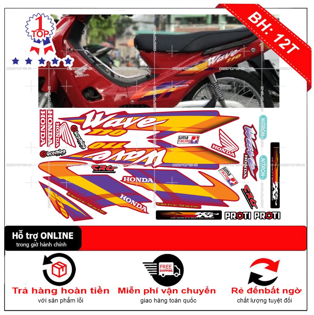 Tem xe wave nhỏ đời đầu móc câu dán xe đỏ